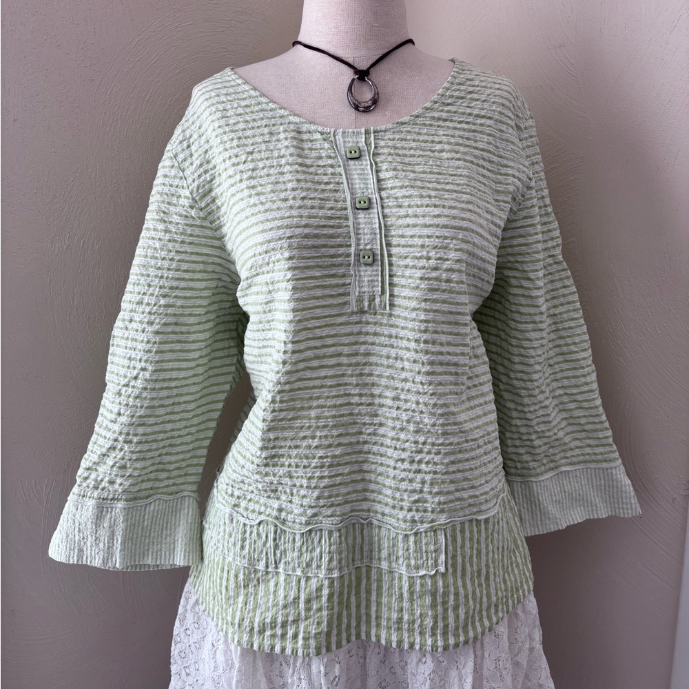Habitat Seersucker Green Striped Henley Flowy Blouse